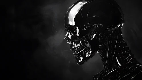 Chrome skeletal android profile under moody noir lighting
