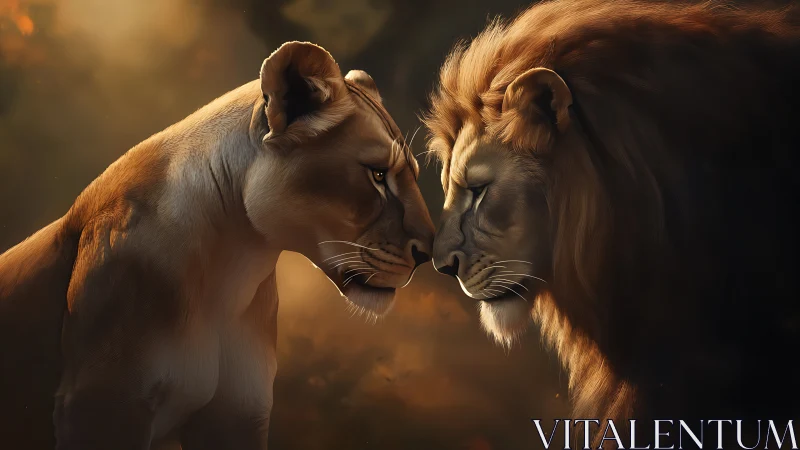 Two Lion Cubs Touching Noses in Golden Light.