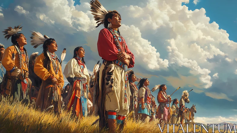 Indigenous figures in traditional dress on open grassland.