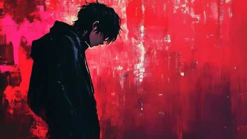 Profile silhouette of hooded youth against textured red field