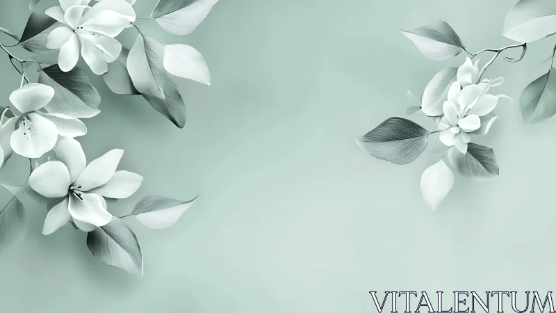 Floral branches frame central negative space on pale field