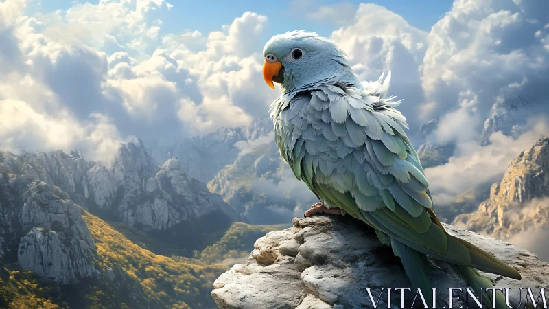Majestic Parrot on Rocky Cliff in Dreamy Mountain Landscape.