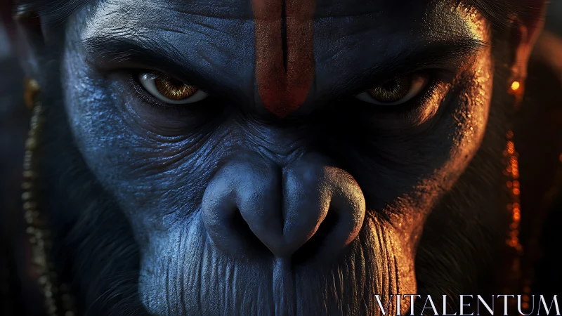 Fierce blue simian warrior gazes forward with burning focus