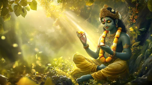 Golden forest calm with divine figure cradling soft light.