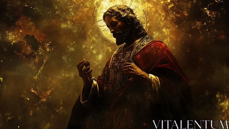 Digital rendering shows robed haloed figure in golden haze