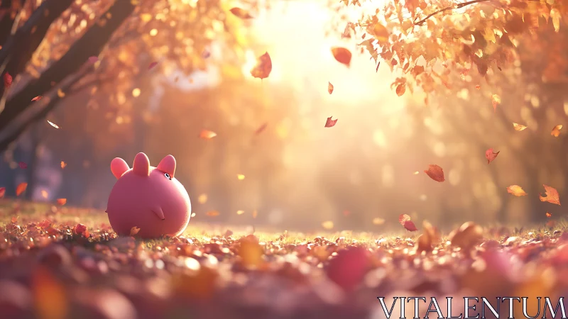 Digital painting of round creature in luminous autumn grove.