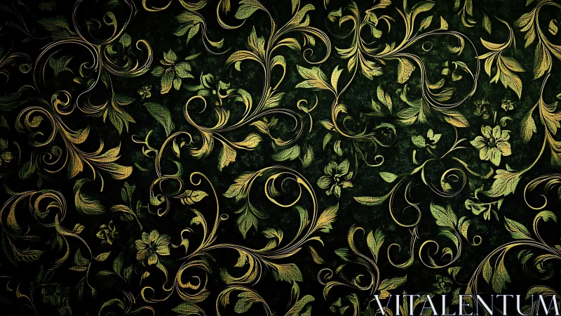 Gilded forest arabesques swirling across emerald velvet.