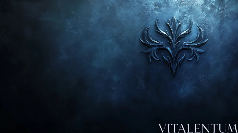 Metallic floral emblem rests on textured blue wall