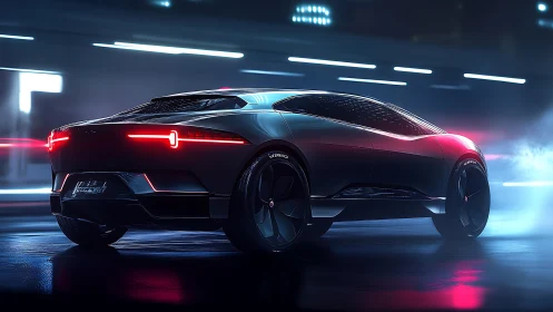 Aerodynamic EV concept car rendered with neon-lit motion blur