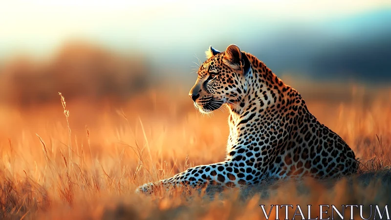 Photorealistic leopard study in warm savanna backlight.