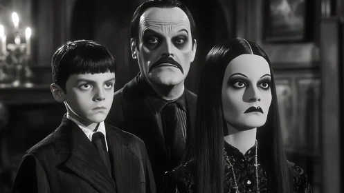 Monochrome gothic family portrait in dramatic low-key lighting.