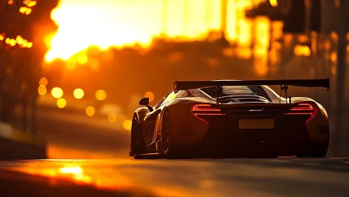 Sunset-lit supercar slices molten light along the racetrack