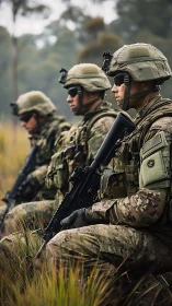 Soldiers kneel in tall grass, focused during field patrol
