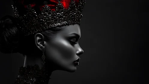 Monochrome queen profile with jeweled crown and red velvet accent
