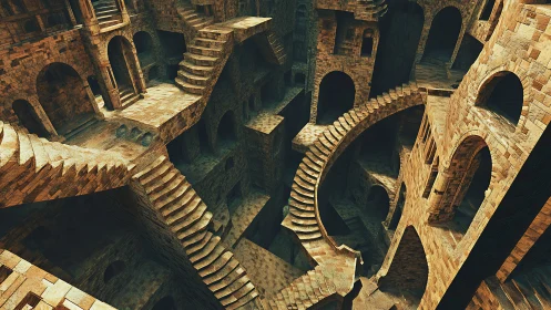 Intricate stone stairways in complex architectural labyrinth.