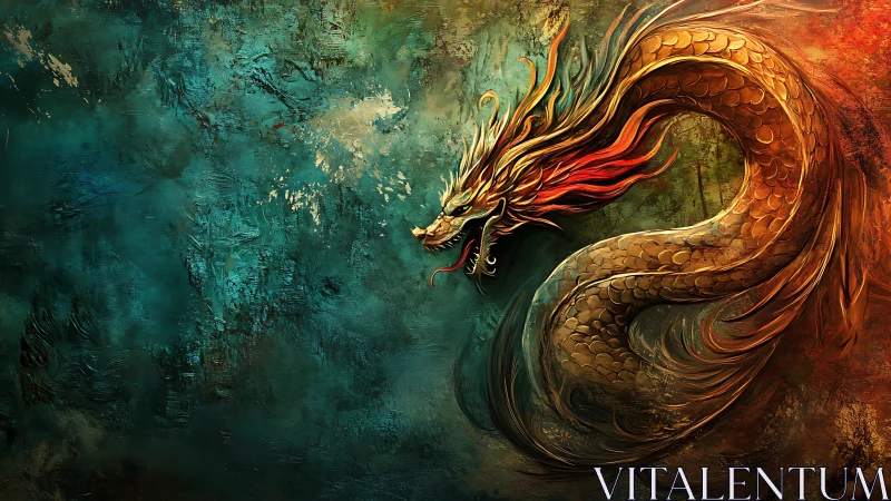 Firelit dragon coil over textured teal and amber abyss.