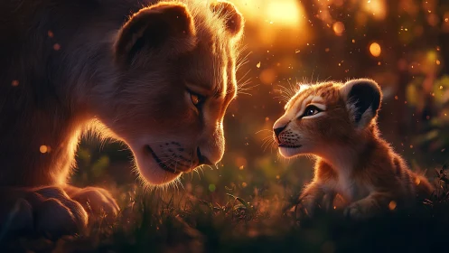 Luminous Maternal-Filial Feline Interaction with Atmospheric Golden Particle Effects