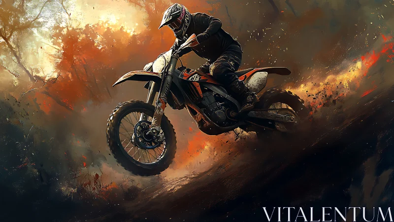 Motocross rider powers through blazing forest trail.