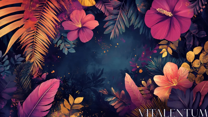 Neon Floral Nocturne: Vibrant Digital Botanical Composition with Luminescent Accents