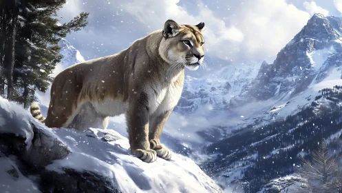 Mountain Cougar Surveying Alpine Terrain in Winter Conditions