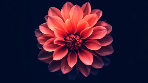 Luminescent Dahlia Bloom Against Deep Navy. Gradient Red Petals.