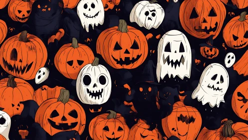 Halloween pumpkin ghosts pattern in stylized digital illustration.