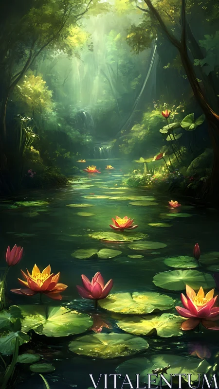 Sunlit forest pond welcomes bright water lilies in bloom