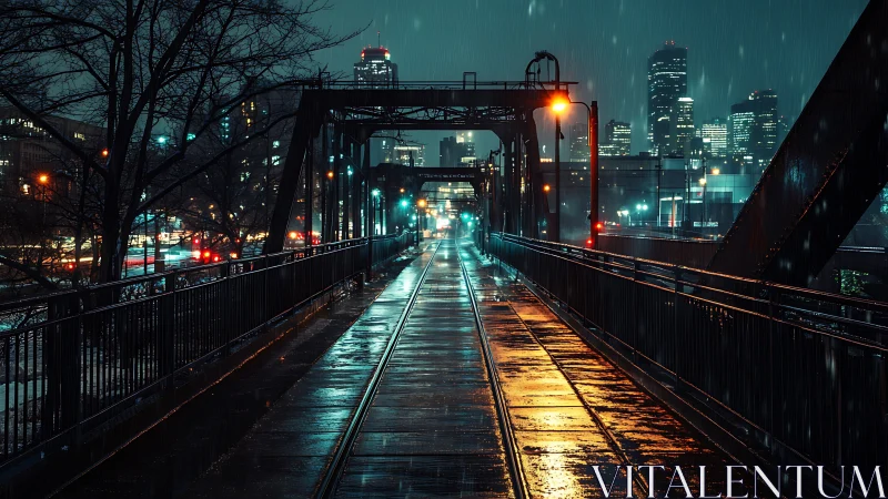 Rain-soaked city bridge reflects neon over wet steel tracks.