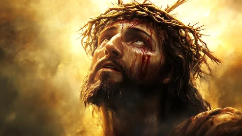 Wounded crowned figure gazes upward in radiant golden light