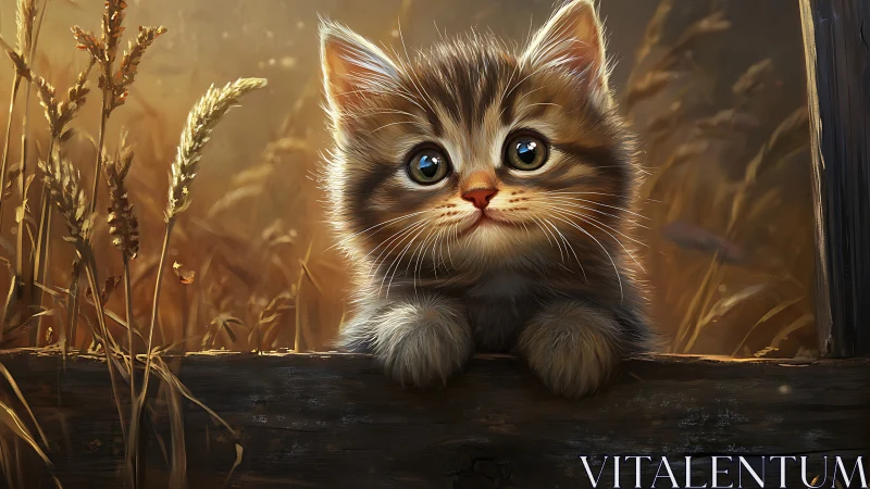 Tabby kitten portrait in golden field setting.