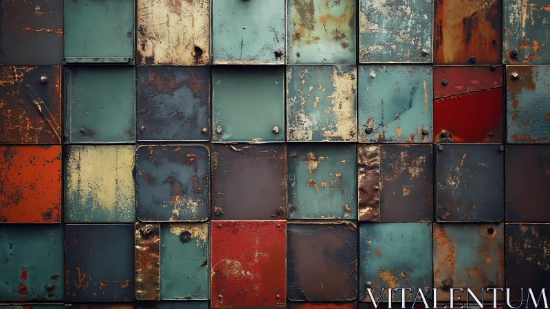 Weathered metal tile wall in industrial vintage style pattern.