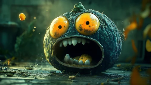 Wide-eyed pumpkin monster gasps in playful surprise