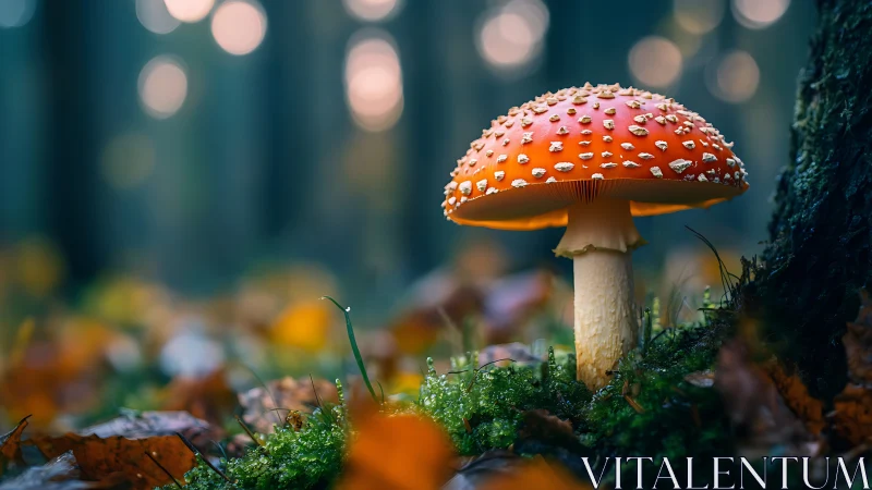 Fly agaric mushroom stands in soft-focus autumn forest