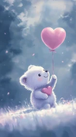 Gentle teddy bear with pink heart balloon in soft light.