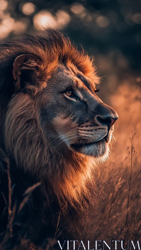 Regal lion gazes through warm sunset grasslands in silence.