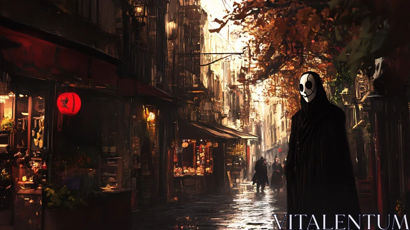 Masked figure dominates moody autumn alley in cinematic chiaroscuro