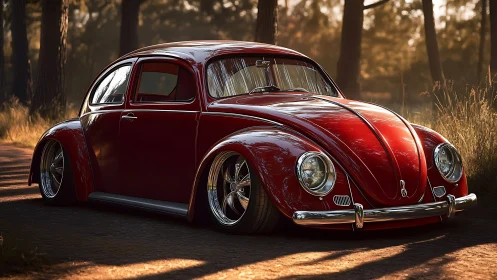 Red classic compact car rendered on forest roadway