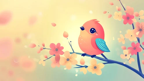 Cute cartoon bird on blossoming branch, soft pastel spring art.