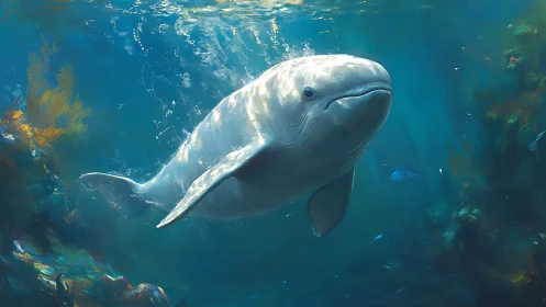 Digital painting of beluga whale in luminous reef habitat.
