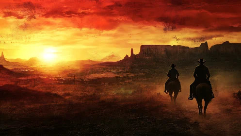Riders cross a fiery desert plain beneath blazing sunset.