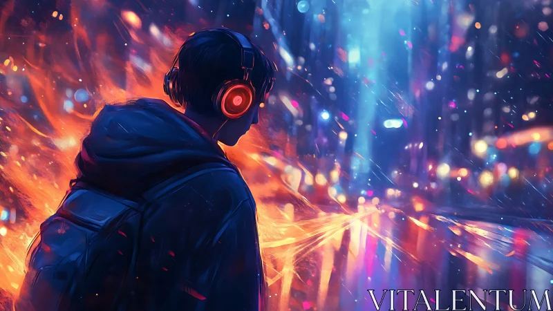 Headphones glowing softly in a neon soaked city night.