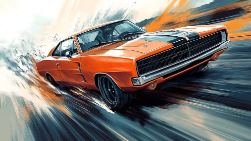 Retro muscle car rendered in dynamic high-speed digital painting