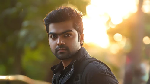 Man stands outdoors in warm backlit golden hour portrait