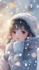 Young girl in white winter coat amid softly falling snow.