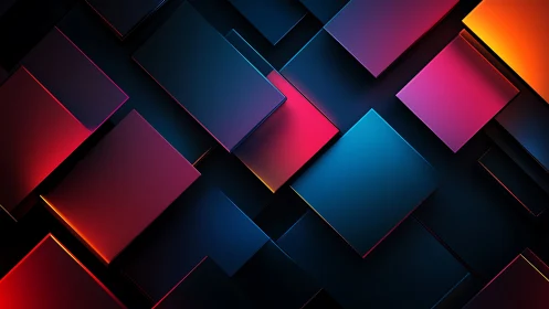 Geometric neon panels form layered gradient abstract grid
