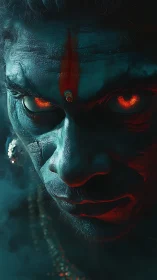 Demonic blue-faced warrior with glowing infernal eyes.