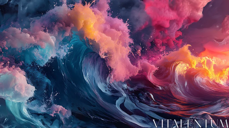 Surreal neon waves crash beneath luminous pastel clouds.