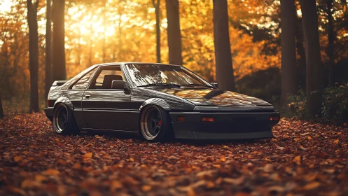 Classic tuner coupe idles in a glowing autumn forest hush.