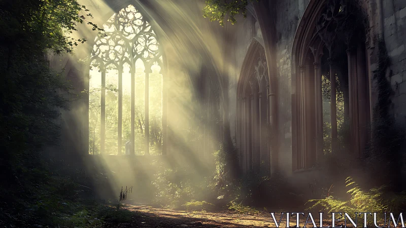 Sunlit ruined cathedral interior with overgrown arches.