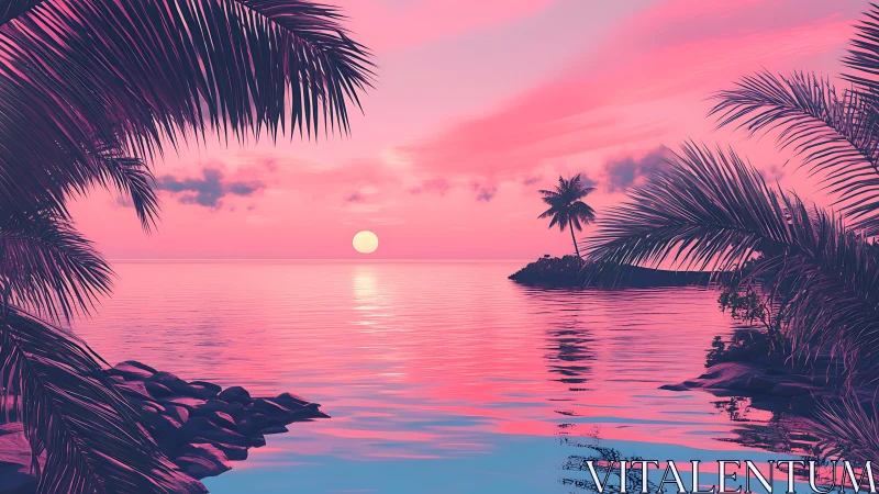 Palm-framed tropical shoreline at monochrome pink sunset.